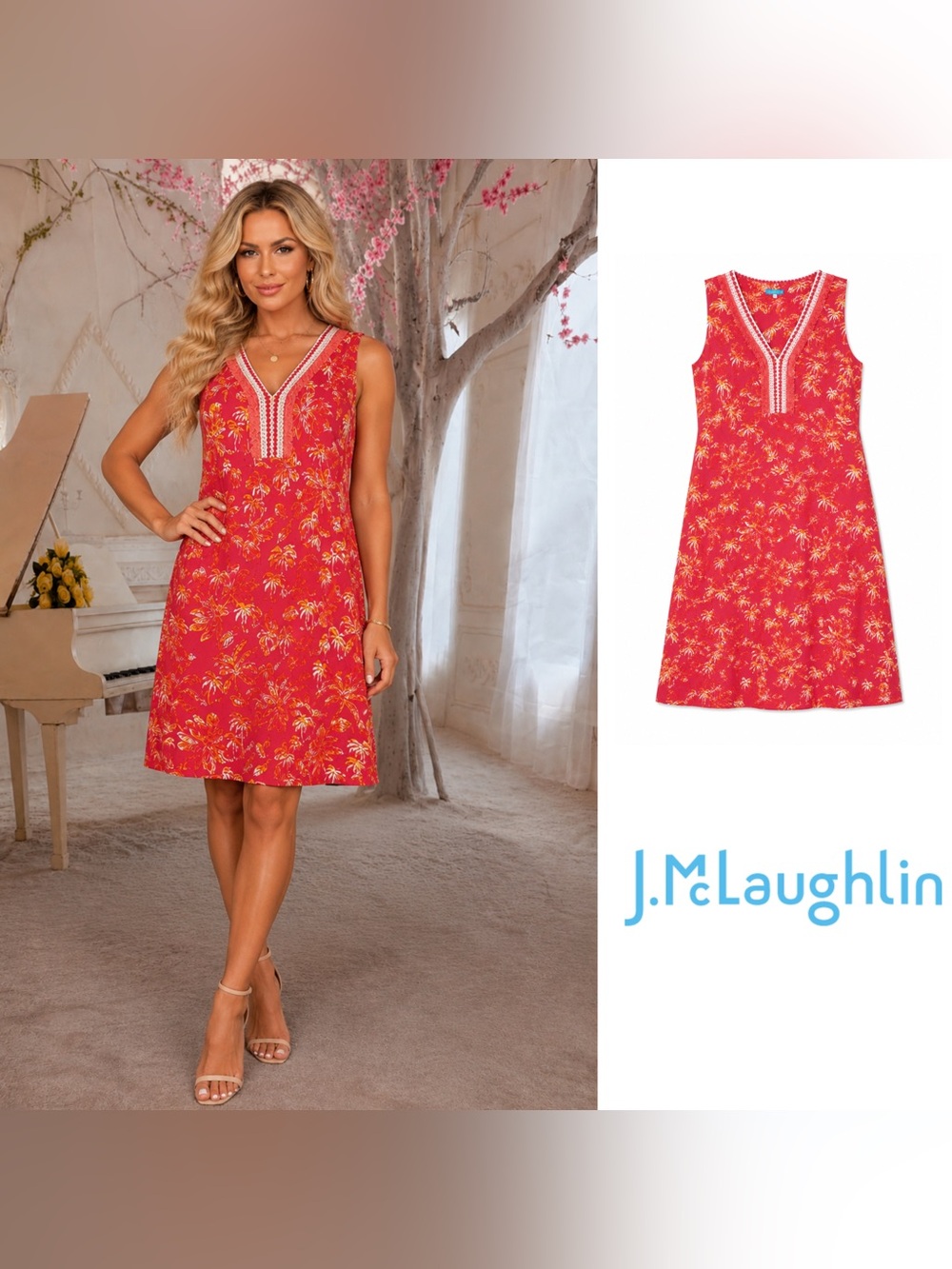 NEW J. McLaughlin Red Floral V-Neck Sleeveless dress